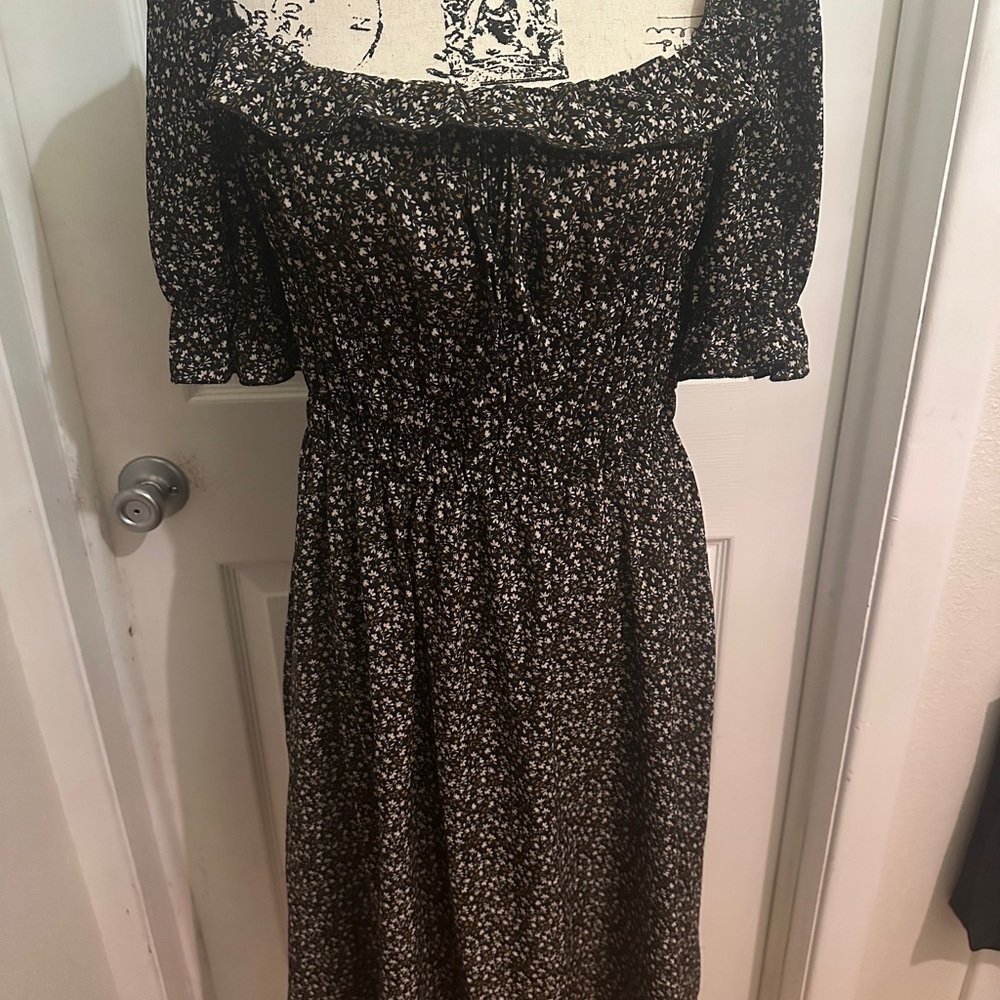 SHEIN Black Floral Princess Puff Sleeve Midi Dress Large